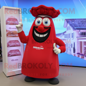 Red Moussaka mascot costume character dressed with a Maxi Dress and Digital watches