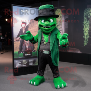 Forest Green Demon mascot costume character dressed with a V-Neck Tee and Berets