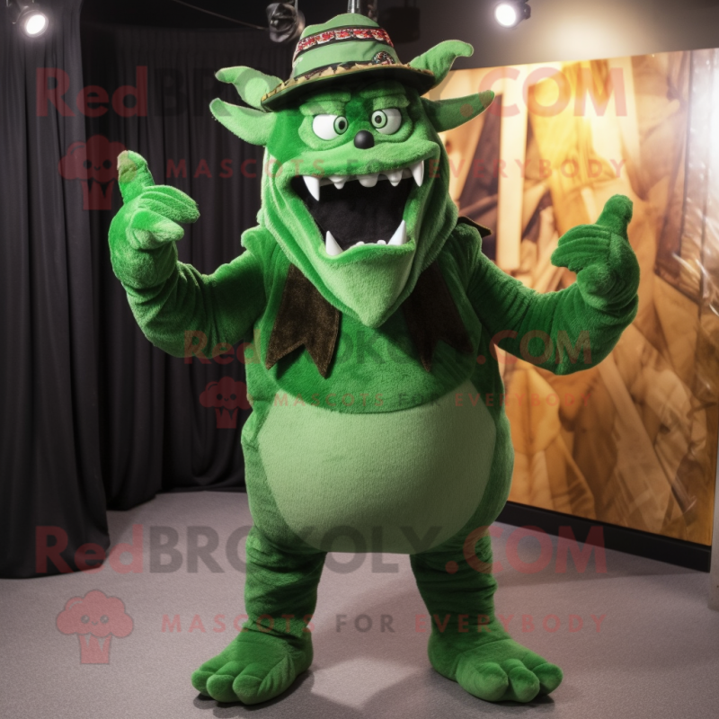 Forest Green Demon mascot costume character dressed with a V-Neck Tee and Berets