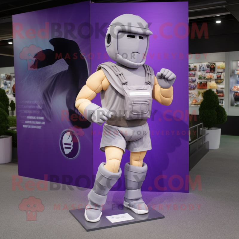 Lavender Spartan Soldier mascot costume character dressed with a Running Shorts and Wallets Lavender Spartan Soldier mascot costume character dressed with a Running Shorts and Wallets