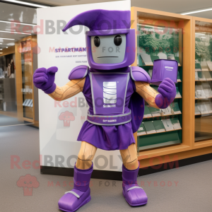 Lavender Spartan Soldier mascot costume character dressed with a Running Shorts and Wallets