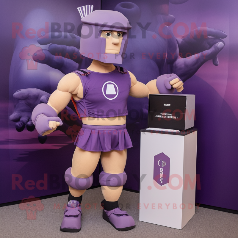 Lavender Spartan Soldier mascot costume character dressed with a Running Shorts and Wallets