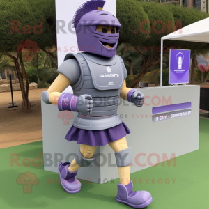 Lavender Spartan Soldier mascot costume character dressed with a Running Shorts and Wallets