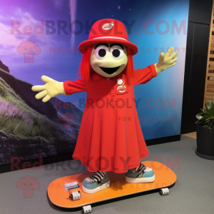 Red Skateboard mascot costume character dressed with a Dress and Hat pins
