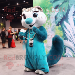 Cyan Marten mascot costume character dressed with a Maxi Skirt and Keychains