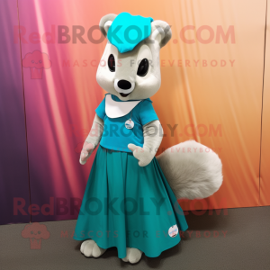 Cyan Marten mascot costume character dressed with a Maxi Skirt and Keychains