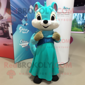 Cyan Marten mascot costume character dressed with a Maxi Skirt and Keychains