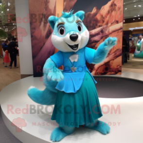 Cyan Marten mascot costume character dressed with a Maxi Skirt and Keychains