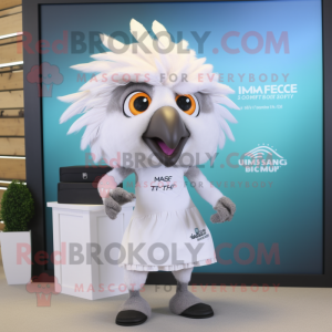 White Harpy mascot costume character dressed with a Maxi Skirt and Ties