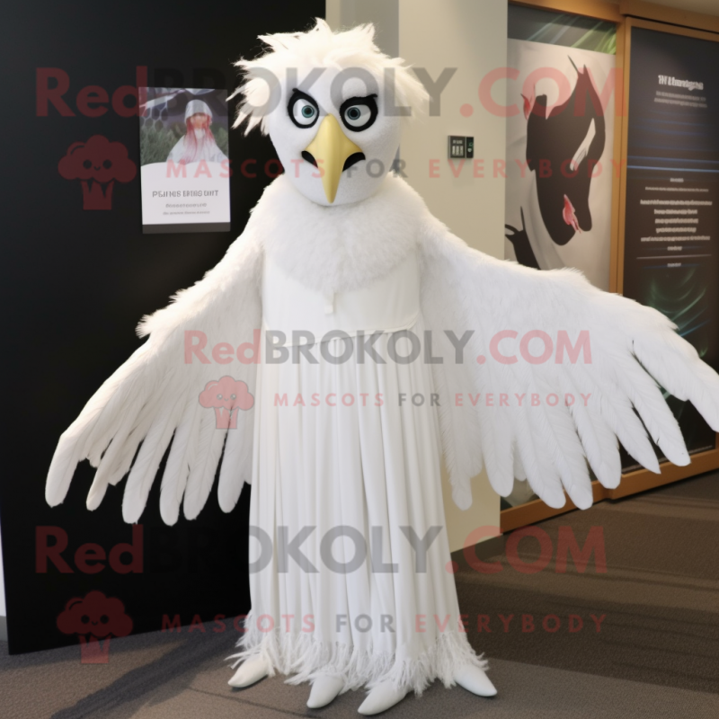 White Harpy mascot costume character dressed with a Maxi Skirt and Ties