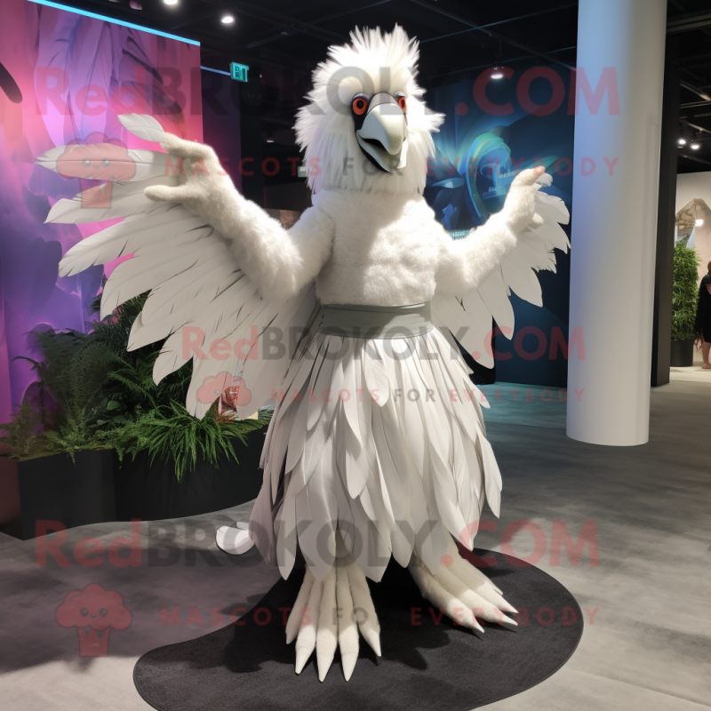 White Harpy mascot costume character dressed with a Maxi Skirt and Ties