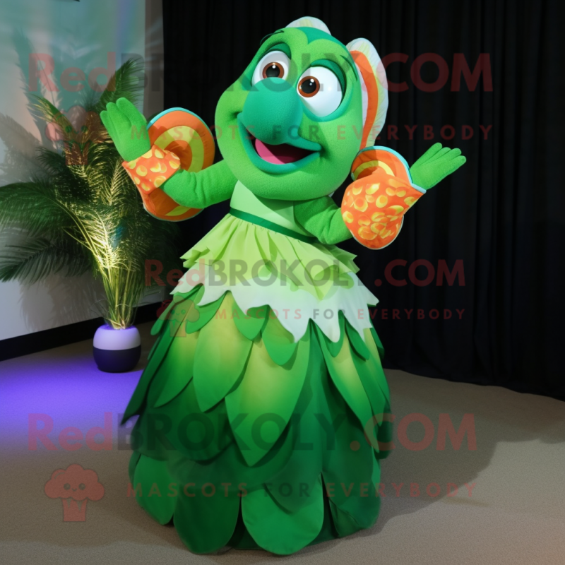 Forest Green Clown Fish mascot costume character dressed with a Evening Gown and Bracelets