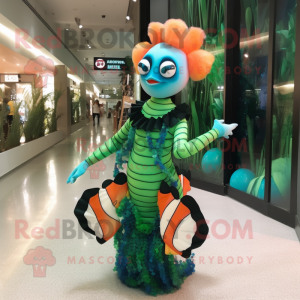 Forest Green Clown Fish mascot costume character dressed with a Evening Gown and Bracelets