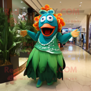 Forest Green Clown Fish mascot costume character dressed with a Evening Gown and Bracelets