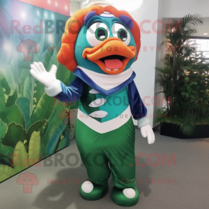 Forest Green Clown Fish mascot costume character dressed with a Evening Gown and Bracelets