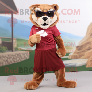 Maroon Mountain Lion mascot costume character dressed with a A-Line Skirt and Sunglasses