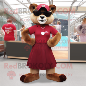 Maroon Mountain Lion mascot costume character dressed with a A-Line Skirt and Sunglasses