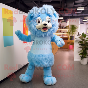 Sky Blue Lion mascot costume character dressed with a Midi Dress and Shoe laces