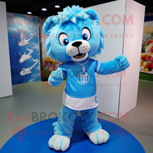 Sky Blue Lion mascot costume character dressed with a Midi Dress and Shoe laces