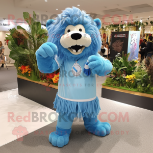 Sky Blue Lion mascot costume character dressed with a Midi Dress and Shoe laces