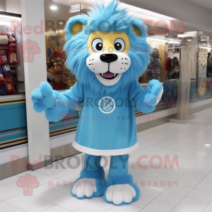 Sky Blue Lion mascot costume character dressed with a Midi Dress and Shoe laces