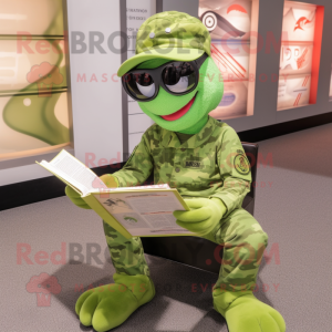 Lime Green American Soldier mascot costume character dressed with a Henley Tee and Reading glasses