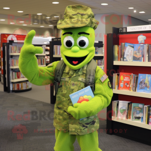 Lime Green American Soldier mascot costume character dressed with a Henley Tee and Reading glasses