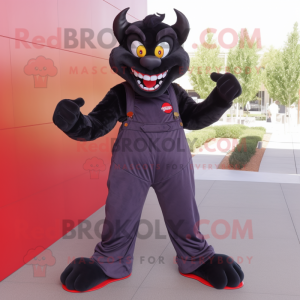 Black Devil mascot costume character dressed with a Mom Jeans and Shoe laces