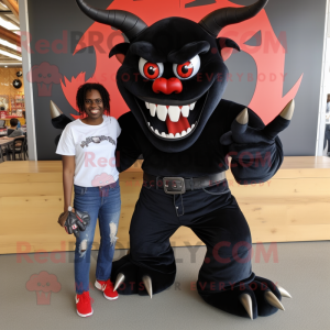 Black Devil mascot costume character dressed with a Mom Jeans and Shoe laces