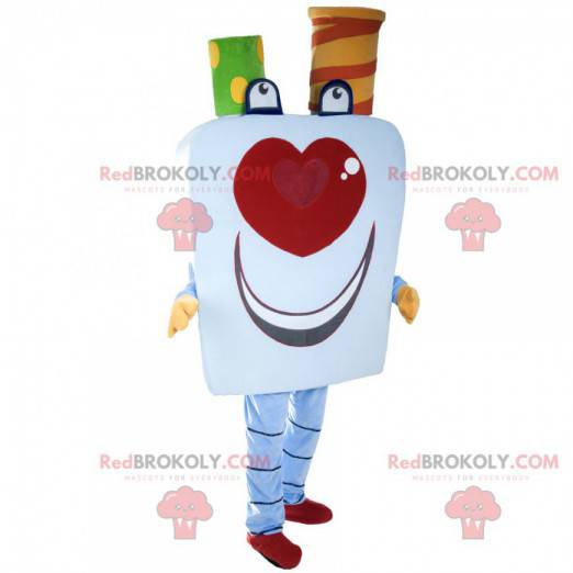 Festive mascot with a square head and a heart-shaped nose -