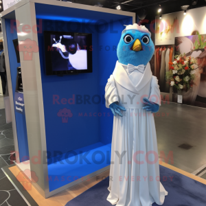 Blue Blackbird mascot costume character dressed with a Wedding Dress and Pocket squares