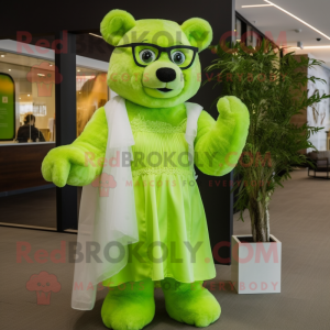 Lime Green Bear mascot costume character dressed with a Wedding Dress and Eyeglasses