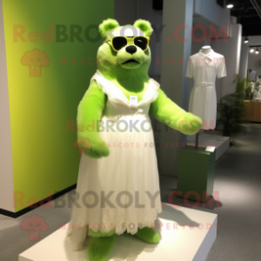 Lime Green Bear mascot costume character dressed with a Wedding Dress and Eyeglasses