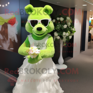 Lime Green Bear mascot costume character dressed with a Wedding Dress and Eyeglasses