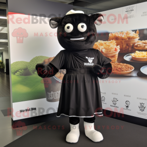 Black Beef Wellington mascot costume character dressed with a Wrap Dress and Wraps
