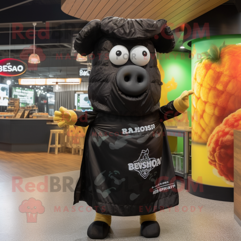 Black Beef Wellington mascot costume character dressed with a Wrap Dress and Wraps Black Beef Wellington mascot costume character dressed with a Wrap Dress and Wraps