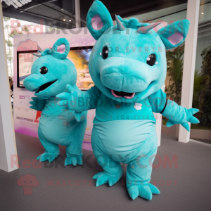 Turquoise Rhinoceros mascot costume character dressed with a T-Shirt and Hairpins