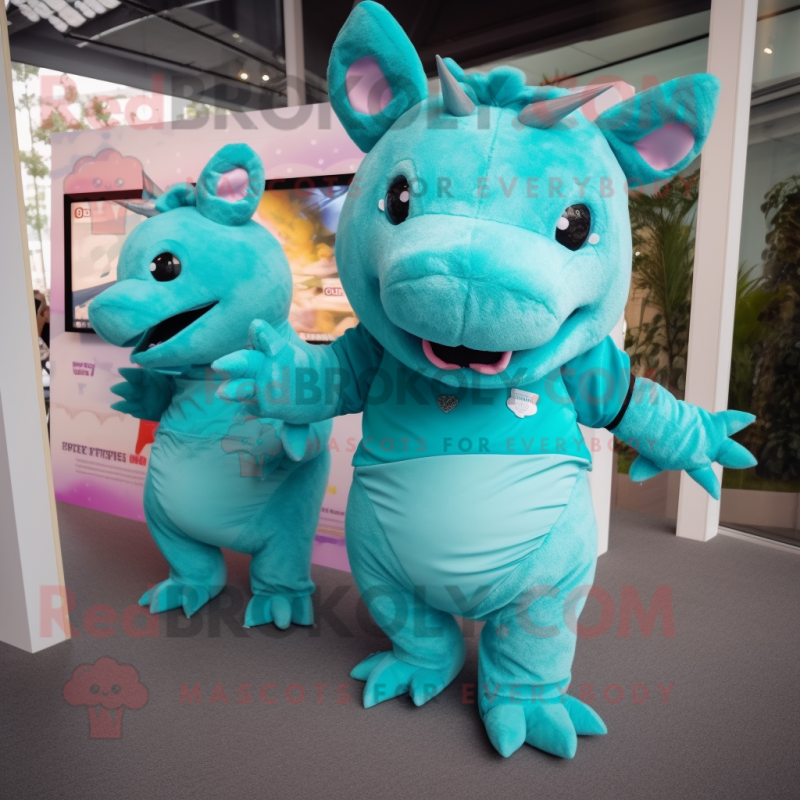 Turquoise Rhinoceros mascot costume character dressed with a T-Shirt and Hairpins