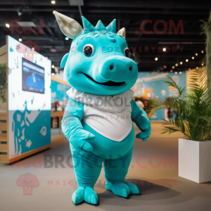 Turquoise Rhinoceros mascot costume character dressed with a T-Shirt and Hairpins