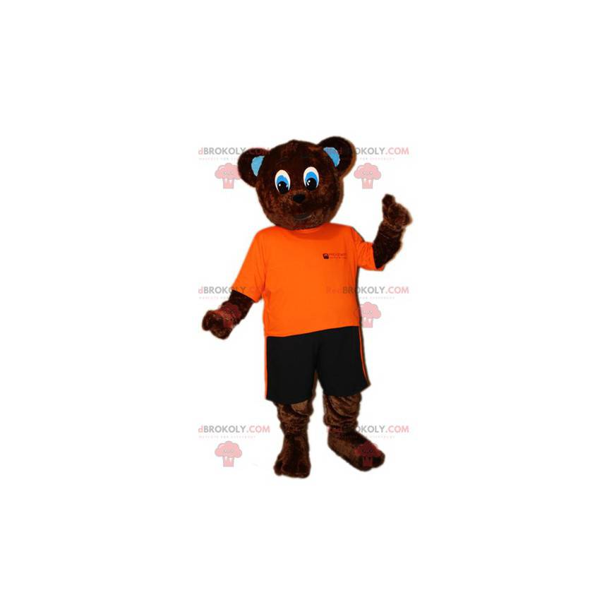 Braunbärenmaskottchen im orange-schwarzen Outfit -