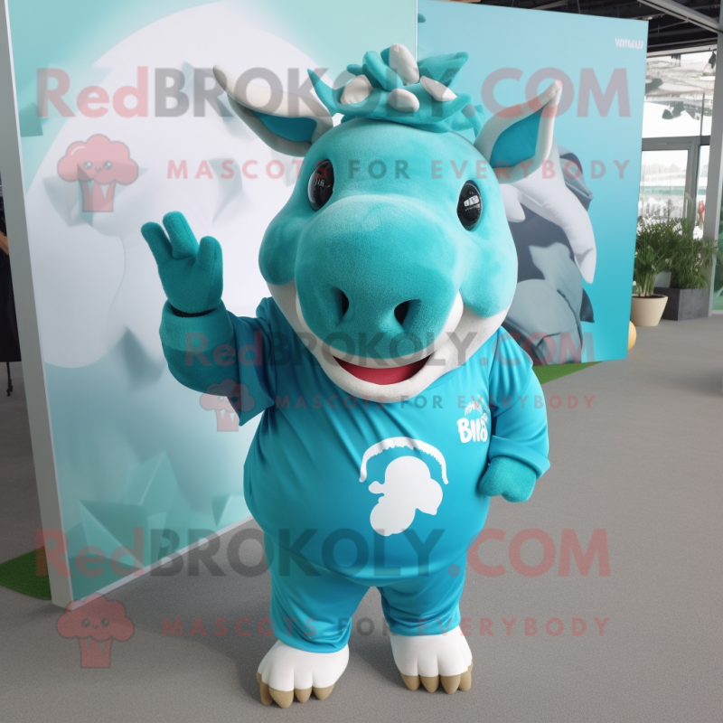 Turquoise Rhinoceros mascot costume character dressed with a T-Shirt and Hairpins