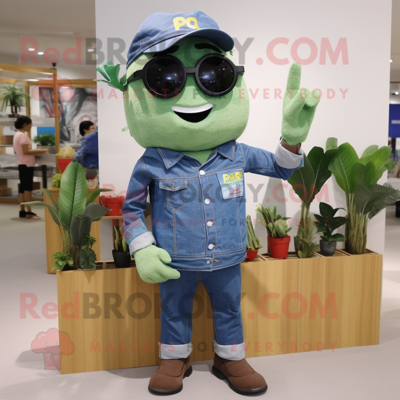 Olive Fried Rice mascot costume character dressed with a Denim Shirt and Sunglasses Olive Fried Rice mascot costume character dressed with a Denim Shirt and Sunglasses