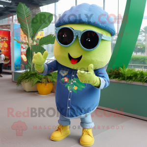 Olive Fried Rice mascot costume character dressed with a Denim Shirt and Sunglasses