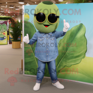 Olive Fried Rice mascot costume character dressed with a Denim Shirt and Sunglasses