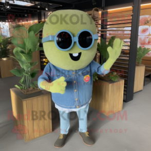 Olive Fried Rice mascot costume character dressed with a Denim Shirt and Sunglasses