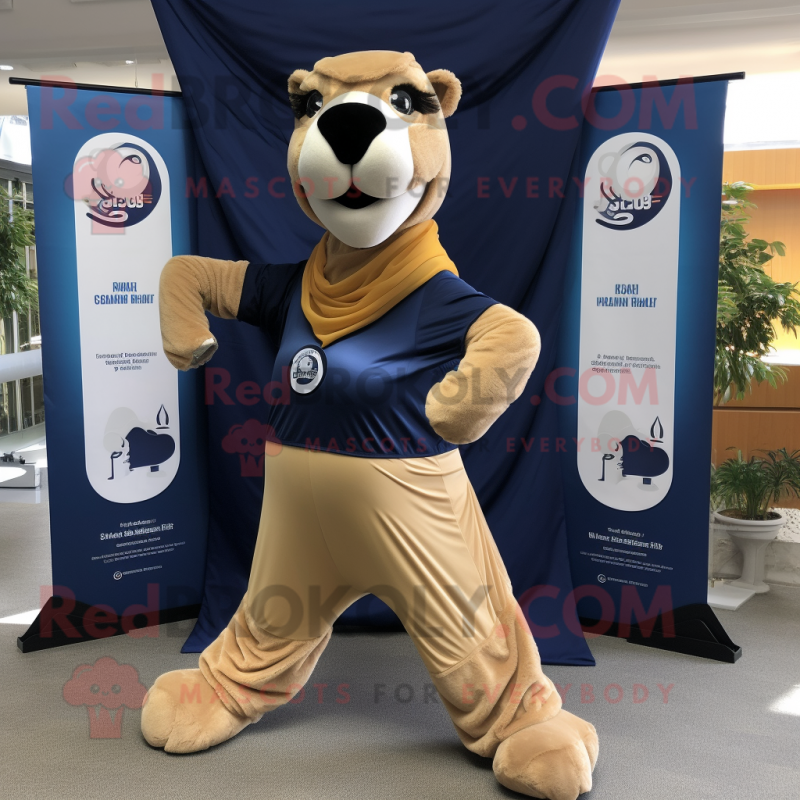 Navy Camel mascot costume character dressed with a Yoga Pants and Scarf clips Navy Camel mascot costume character dressed with a Yoga Pants and Scarf clips