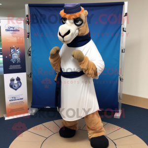 Navy Camel mascot costume character dressed with a Yoga Pants and Scarf clips