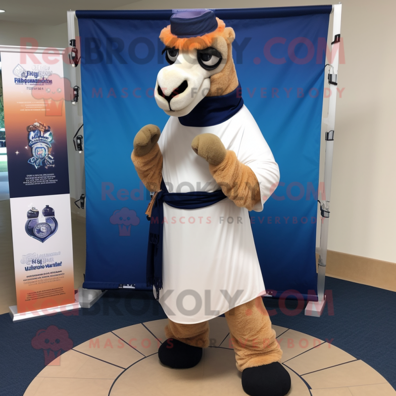 Navy Camel mascot costume character dressed with a Yoga Pants and Scarf clips Navy Camel mascot costume character dressed with a Yoga Pants and Scarf clips