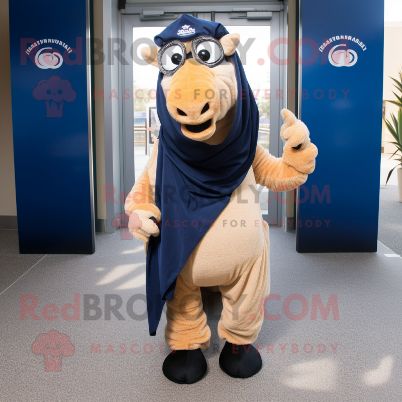 Navy Camel mascot costume character dressed with a Yoga Pants and Scarf clips Navy Camel mascot costume character dressed with a Yoga Pants and Scarf clips