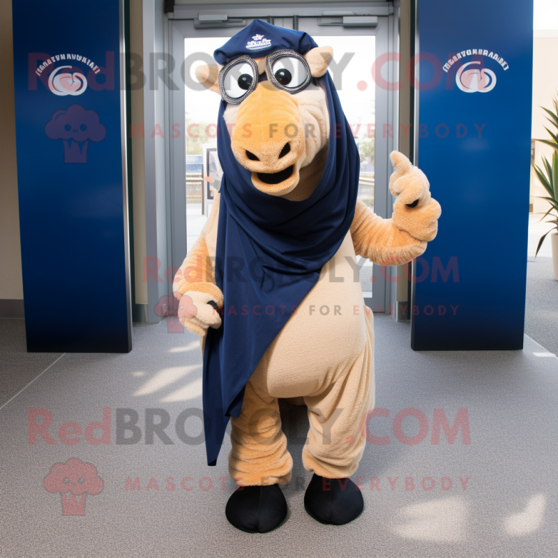 Navy Camel mascot costume character dressed with a Yoga Pants and Scarf clips